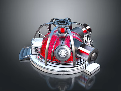 Cartoon Scene Featuring Red Dome Metal Frame and Mechanical Cannon Turret Platform 3d model