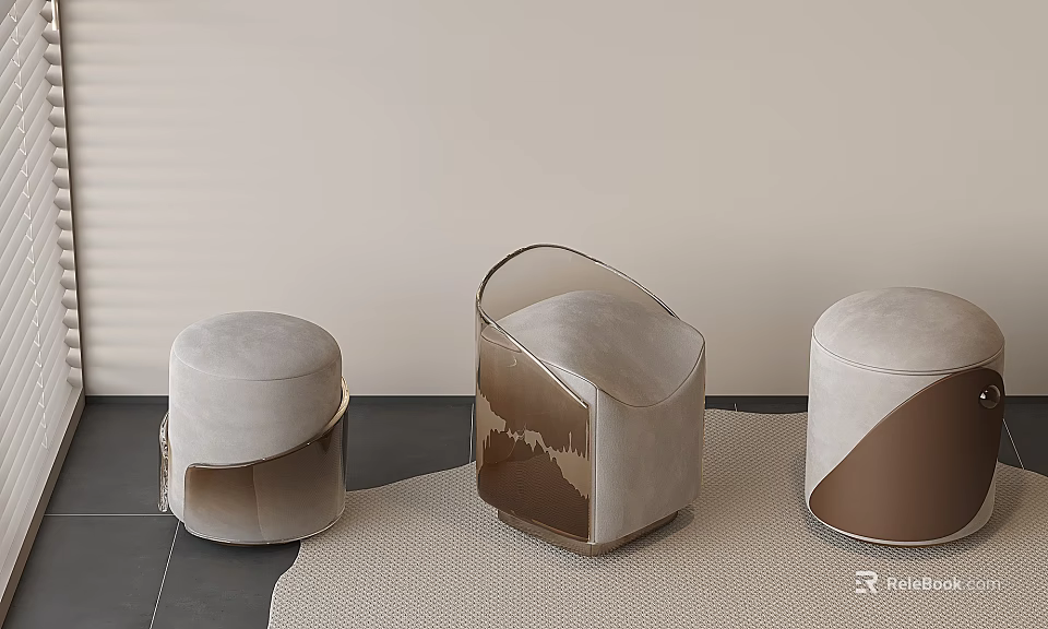 Three Modern Velvet Stools With Metal Frames And Transparent Accents In Neutral Tones 3d model 
