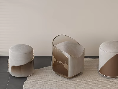 Three Modern Velvet Stools With Metal Frames And Transparent Accents In Neutral Tones 3d model