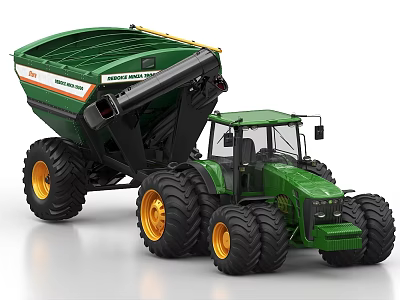 Green Farm Tractor with Pull Behind Agricultural Spreader for Field Work 3d model