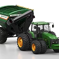 Green Farm Tractor with Pull Behind Agricultural Spreader for Field Work