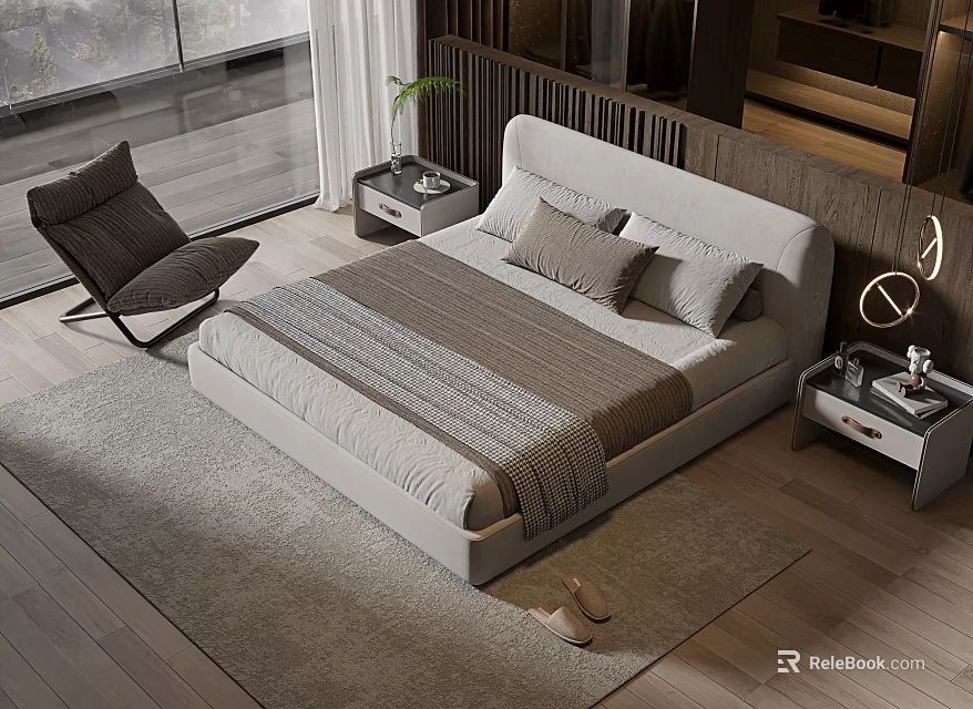 Modern Upholstered Double Bed with Light Gray Blanket Pillows Nightstands and Rug on Wooden Floor 3d model 