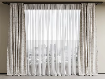 Patterned Beige Curtains With White Sheer Layers On Curtain Rod And City View 3d model