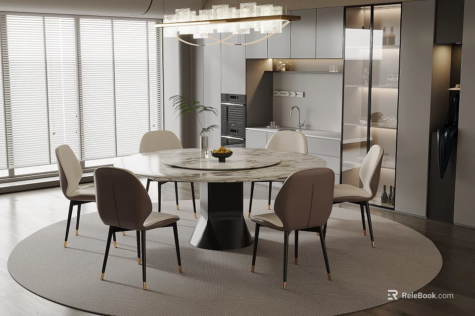 Modern Restaurant Interior With Round Marble Dining Table Chairs And Pendant Light 3d model