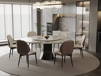 Light Luxury Home Dining Room Marble Round Dining Table and Chair Combination Leather Backrest Dining Chair Six-seat Glass Cabinet Wine Cabinet Kitchen Supplies Vase Ornaments Chandelier 3d model