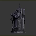 Detailed Mythical Horned Warrior Sculpture With Armor Holding Hammer On Intricate Base