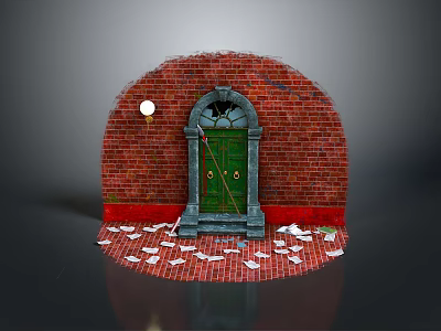 Green Door in Red Brick Arch With Round Light Small Window and White Paper Planes 3d model