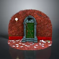 Green Door in Red Brick Arch With Round Light Small Window and White Paper Planes