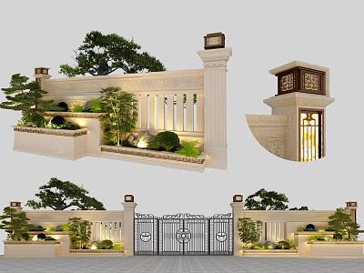 Modern Building Exterior Wall Design With Decorative Columns Gate And Landscaping 3d model
