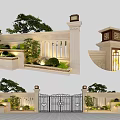 Modern Building Exterior Wall Design With Decorative Columns Gate And Landscaping