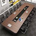 Modern Office Conference Table With Wooden Top Black Cabinets Laptops And Plants