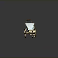 Vintage Baby Carriage With Gold Ornate Wheels And Light Blue Cushion