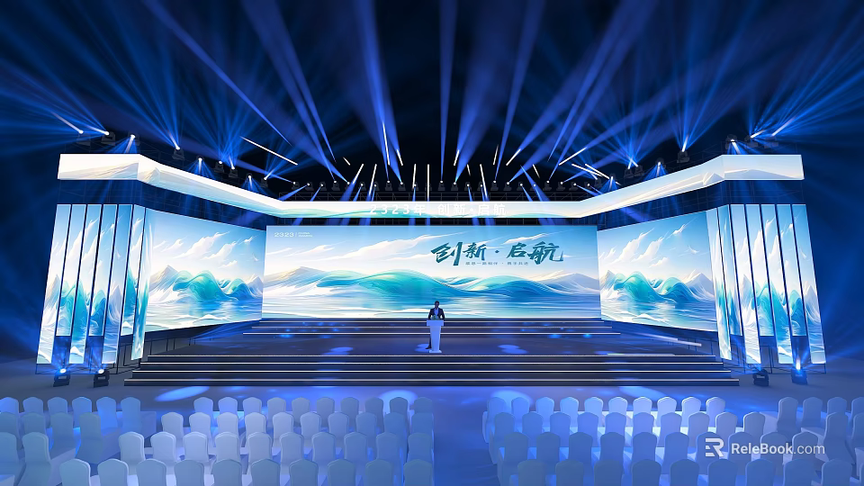Modern Stage With Blue Lighting Large Screen Landscape Backdrop Steps And Audience Seats 3d model 