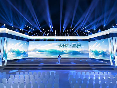 Modern Stage With Blue Lighting Large Screen Landscape Backdrop Steps And Audience Seats 3d model
