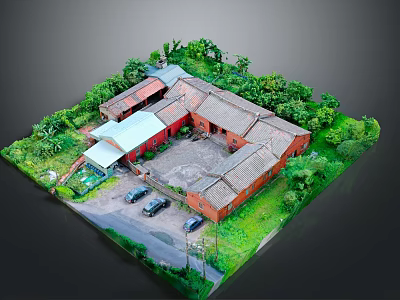 Traditional Chinese Courtyard Architecture With Red Brick Walls Grey Tiled Roofs And Surrounding Green Vegetation 3d model