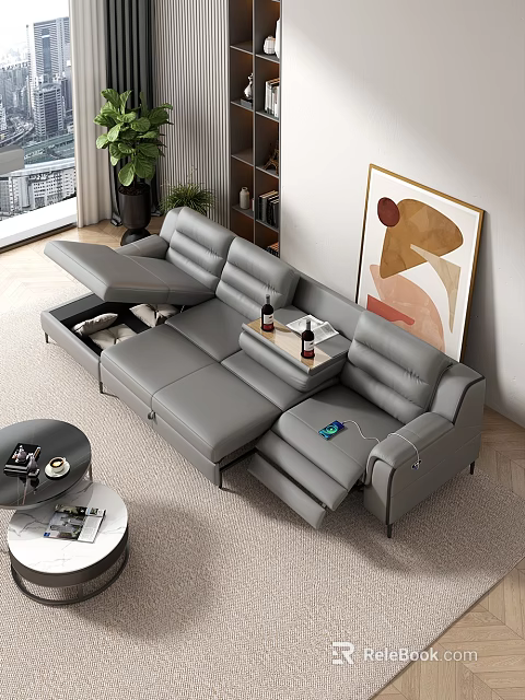 Modern Grey Reclining Sofa and Coffee Table Set with Green Plant Artwork and Bookshelf 3d model 
