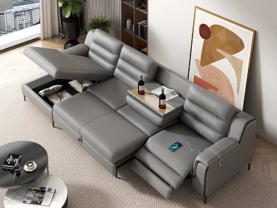 Modern Grey Reclining Sofa and Coffee Table Set with Green Plant Artwork and Bookshelf 3d model