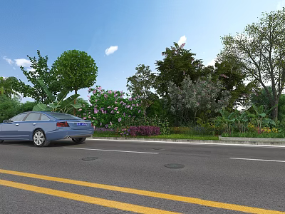 Municipal Road With Lush Trees Colorful Flowers And Blue Car In Scenic Urban Environment 3d model