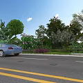 Municipal Road With Lush Trees Colorful Flowers And Blue Car In Scenic Urban Environment