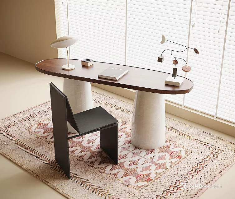 Modern Wooden Desk With White Cylindrical Legs Black Chair Table Lamp And Rug By Window 3d model 