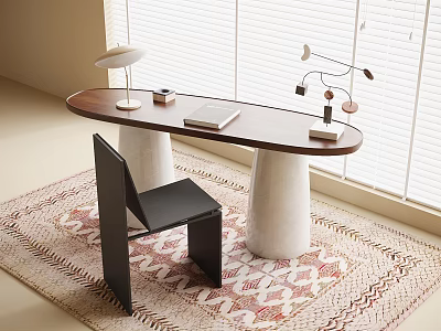 Modern Wooden Desk With White Cylindrical Legs Black Chair Table Lamp And Rug By Window 3d model