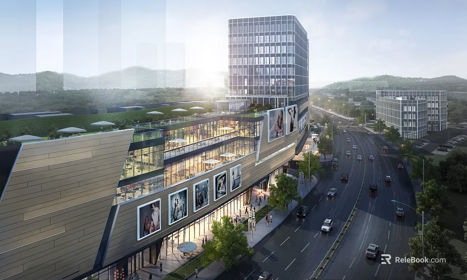 Modern Glass Facade Commercial Complex With Retail Office Spaces Urban Street Pedestrians Vehicles And Greenery 3d model 