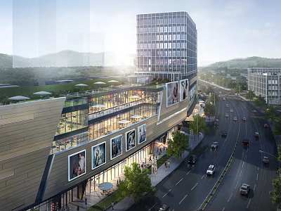 Modern Glass Facade Commercial Complex With Retail Office Spaces Urban Street Pedestrians Vehicles And Greenery 3d model