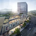 Modern Glass Facade Commercial Complex With Retail Office Spaces Urban Street Pedestrians Vehicles And Greenery