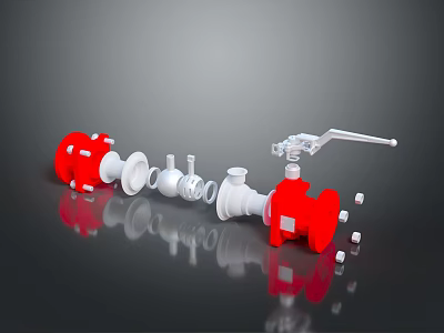 Red And White Mechanical Valve Parts With Handle And Pipeline Components 3d model