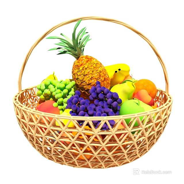 Woven Rattan Decorative Fruit Basket Ornament Set with Assorted Fresh Fruits for Home Decoration 3d model 