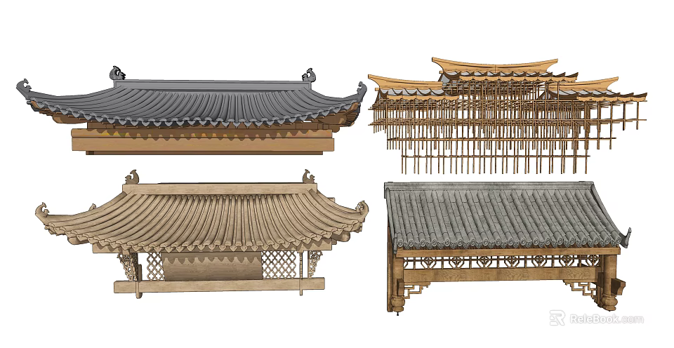 Traditional Chinese Architectural Components Including Roof Tiles Brackets And Eaves Structures 3d model 