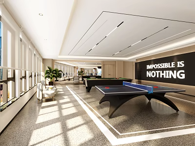 Modern Billiard Room Interior Design With Natural Light Motivational Quote Wall And Potted Plants 3d model