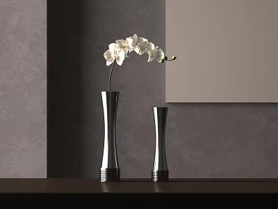 White Orchid in Tall Silver Vase with Short Vase on Dark Tabletop Against Gray Wall 3d model