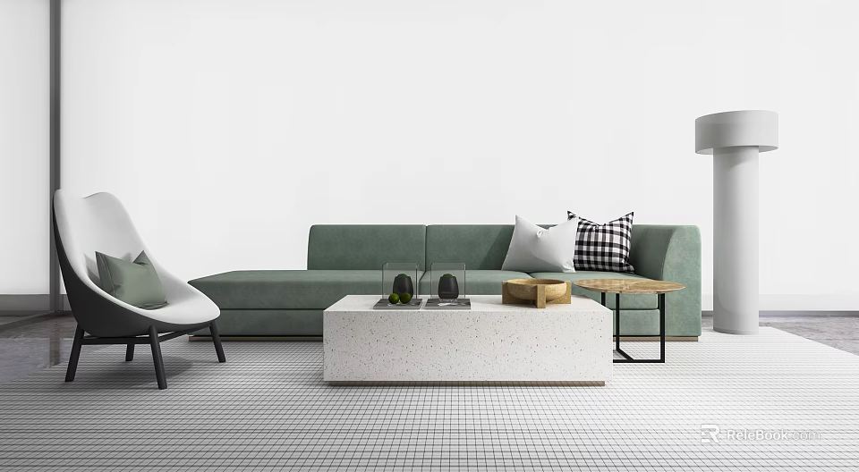 Modern Green Sofa And Coffee Table Set With Decorative Items And Floor Lamp 3d model