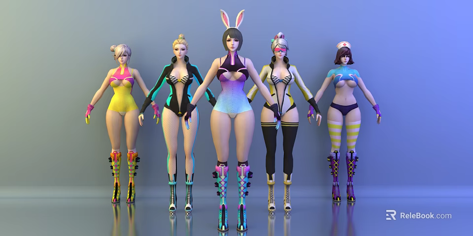 Colorful Game and Movie Characters With Rabbit Ears Bodysuits and Knee High Boots 3d model