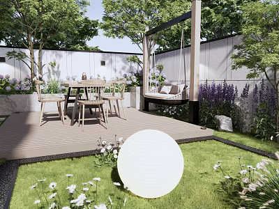 Courtyard Garden Design With Wooden Deck Dining Table Swing Chair Purple Flowers And Lawn 3d model