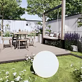 Courtyard Garden Design With Wooden Deck Dining Table Swing Chair Purple Flowers And Lawn