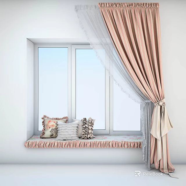 Pink Striped Curtains With White Sheer And Ruffled Window Sill Decorative Pillows 3d model 