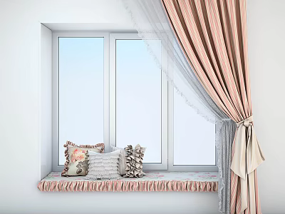 Pink Striped Curtains With White Sheer And Ruffled Window Sill Decorative Pillows 3d model