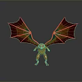 Orange Mythical Creature Character Standing With Iridescent Wings On Black Background With Reflection