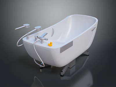 Modern White Bathtub With Silver Faucet Yellow Rubber Duck And Metal Stand 3d model
