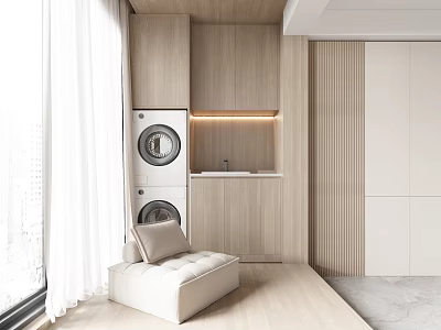 Home Balcony Interior With Washing Machine Dryer Wooden Cabinets White Curtains And Seating Bench 3d model