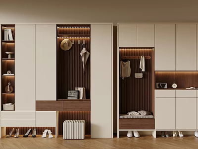 Modern Shoe Cabinet Interior Design With Clothing Rack Storage Bench And Decorative Items 3d model