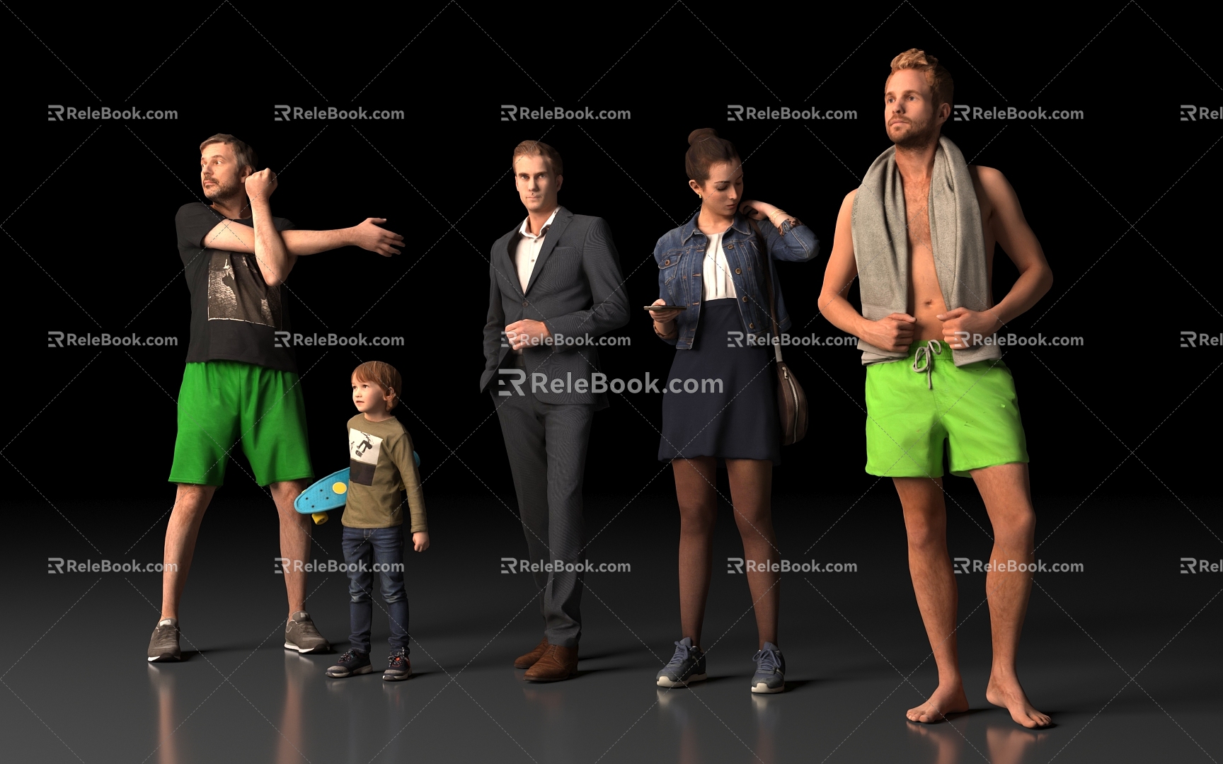 Multiplayer Men Children Women Business Dress Stockings Black Silk Shorts Beach Casual Bathhouse Suit Beach Outdoor Passers-by Scene People 3d model