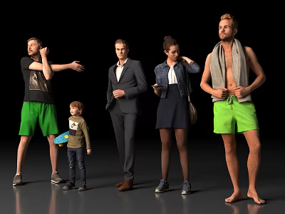 Group of People in Various Outfits Including Child With Skateboard and Man With Towel 3d model