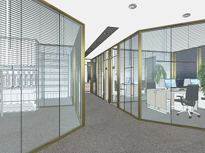 Modern Office Interior Design With Glass Partitions Golden Frames Desks Computers And Green Plants 3d model