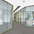 Modern Office Interior Design With Glass Partitions Golden Frames Desks Computers And Green Plants