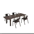 Modern Rectangular Wooden Dining Table Set With Four Dark Seated Chairs And Decorative Items 3d model