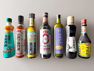 Various Condiment Bottles With Colorful Labels And Diverse Designs Arranged Neatly 3d model