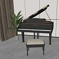 Modern Grand Piano Interior With Stool Green Plant Gray Curtain White Wall And Gray Floor